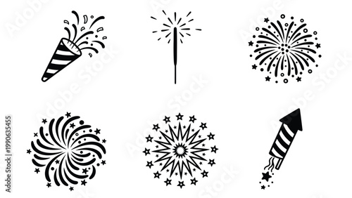 Festive Fireworks & Celebration Icons: Sparkler, Rocket, Poppers, & Bursts Set in Black & White