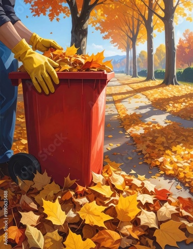 A person in yellow gloves deposits autumn leaves into a red wheeled bin along a tree-lined street.