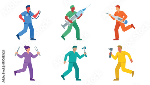 Diverse Medical Professionals Running with Oversized Healthcare Instruments. Emergency & Modern Medicine Concept Illustration Set.