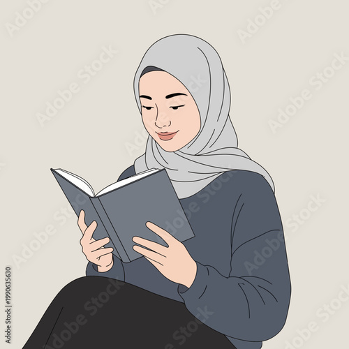 Illustration of a young muslim woman in a hijab reading a book