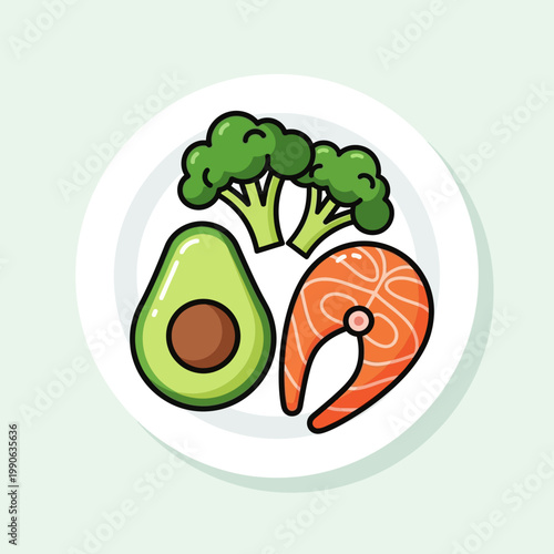 Healthy food plate with salmon, avocado and broccoli vector illustration