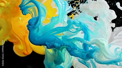 Bright turquoise liquid flows and mixes with yellow paint, dynamic abstract swirls with energetic movement, close-up, concept of creativity and artistic inspiration