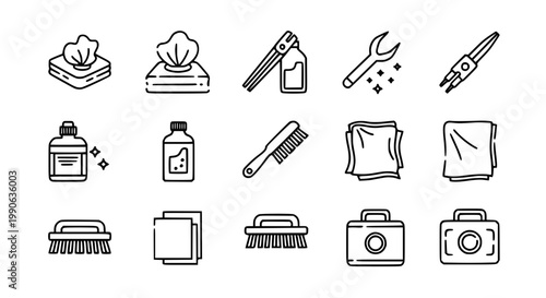 Fotografie Surface cleaning and maintenance vector icon set featuring disinfectant wipes, spray bottles, scrubbing brushes, microfiber cloths, and utility kits in clean line art