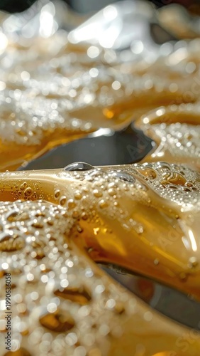 A close-up shot showcases a refreshing beverage with effervescent bubbles and a glistening water droplet, capturing the essence of a cool and bubbly drink.