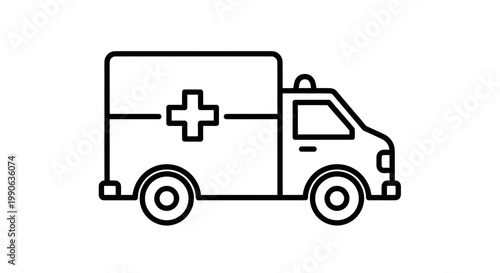 A simple black and white line drawing of an ambulance with a cross emblem