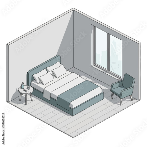 Isometric bedroom interior with bed, armchair, and nightstand