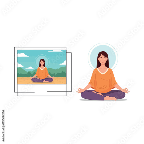 Woman practices yoga meditation in a serene natural setting with a backdrop.