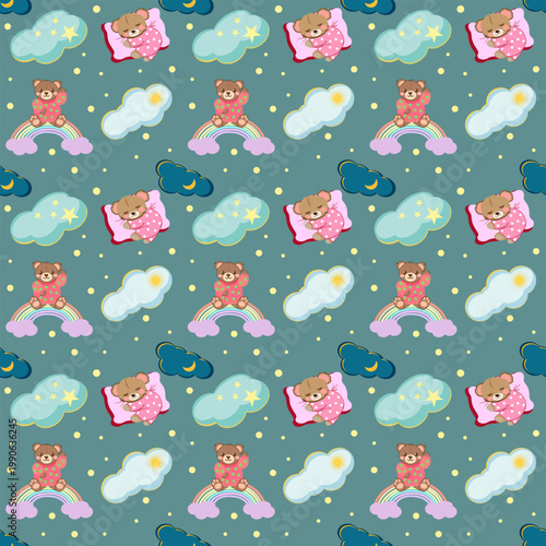 Adorable children's seamless vector pattern with cute teddy bears in pink pajamas sleeping on pillows and sitting on rainbows