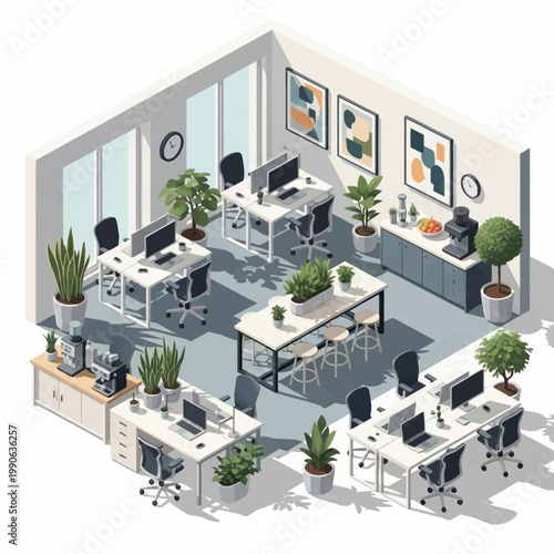 Isometric view of a modern office interior with desks and plants