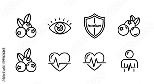 Health and Wellness Protection Icon Set with Eye Vision Antioxidant Shield and Heart Pulse in Clean Outline Style for Medical