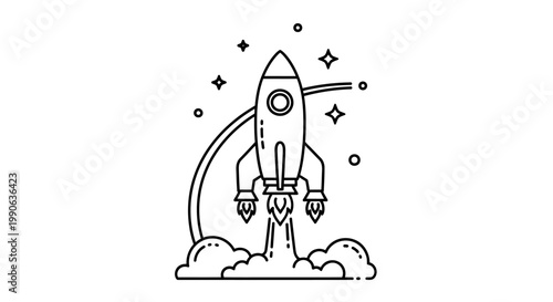 A stylized line drawing of a rocket launching with smoke and stars