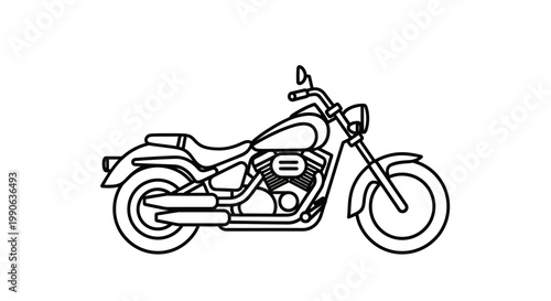 A minimalist black and white line drawing of a cruiser motorcycle