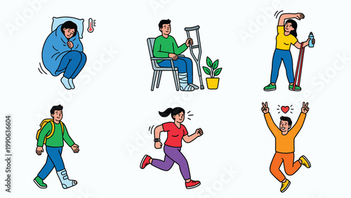 Health & Wellness Journey: Sickness, Injury, Recovery, and Active Lifestyle Vector Illustrations