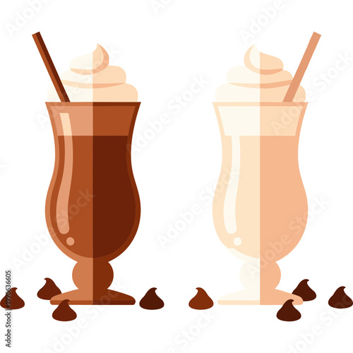 Two glasses of chocolate and vanilla milkshakes with straws
