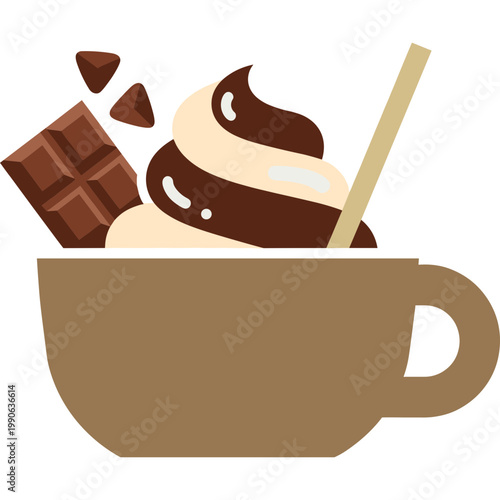 Chocolate ice cream with chocolate pieces and spoon in a coffee cup