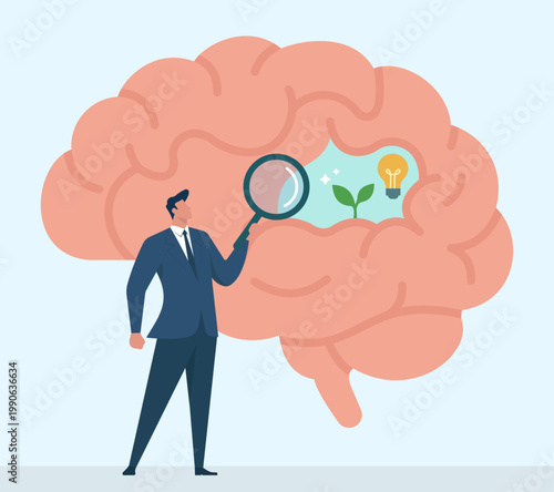 Businessman using a magnifying glass to search for new ideas and growth potential inside a giant human brain, Idea Discovery, Mental Growth, Psychological Analysis, Cultivating Innovation
