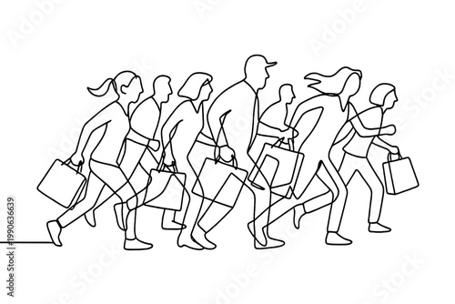 Minimalist Shopping Frenzy. Black Friday rush. Minimalistic one-line drawing crowd of shoppers carrying bags,