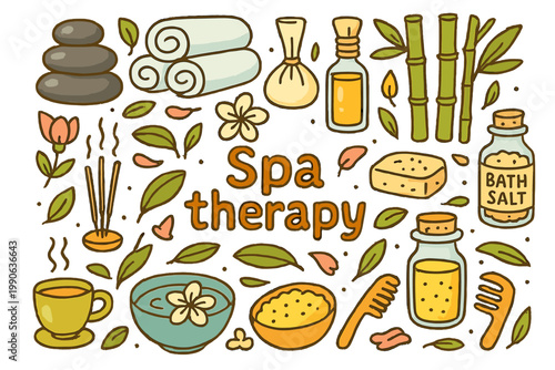 Spa Therapy Doodle. Spa therapy. Hand-drawn doodle illustration of spa therapy. Massage stones, towels, herbal