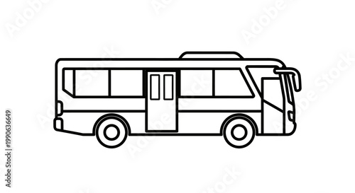 Outline of a bus with windows, doors, and wheels on a white background