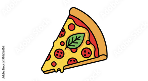 A slice of pizza with pepperoni, cheese, and a basil leaf