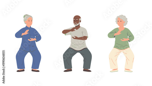 Diverse elderly people practicing Tai Chi for health, balance, and mindful movement. Senior wellness illustration.