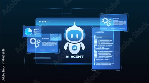 Futuristic AI workflow automation dashboard with ai agent assistant, coding panels and data analytics dashboard, looped animation