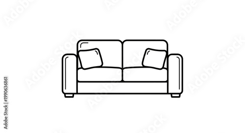 Minimalist black and white outline drawing of a two-seater sofa with cushions