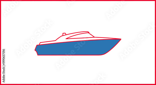 A stylized graphic illustration of a sleek, modern motorboat with a blue hull and white cabin