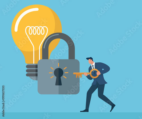 Businessman unlocking a protected lightbulb idea with a golden key, Unlocking Innovation, Intellectual Property Protection, Finding Solutions, Unleashing Creativity, Business Strategy