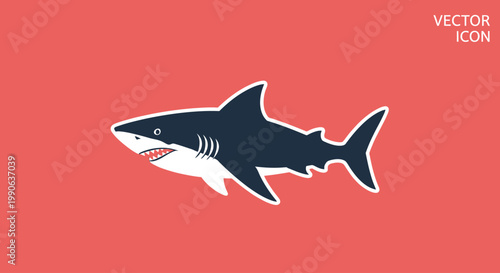 A stylized dark blue shark with white outlining swims left on a coral background