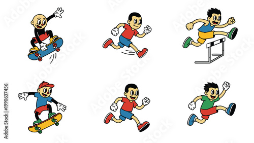 Retro Cartoon Sports Characters Set: Skateboarding, Running, and Hurdle Jumping