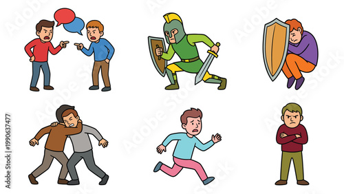 Cartoon set depicting conflict, defense, fear, aggression, and anger. Men arguing, fighting, running, and protecting in various emotional situations.