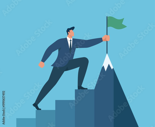 Businessman climbing steps to plant a green flag on a mountain peak, symbolizing career growth, leadership, and achieving business success, Goal Achievement, Climbing the Corporate Ladder
