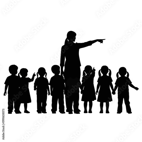 Silhouette of teacher with children.