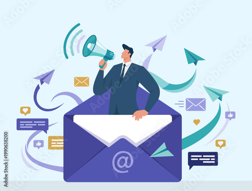 Email marketing and digital communication flat vector illustration featuring a businessman shouting through a megaphone from inside a giant envelope, Email Marketing Campaign Strategy