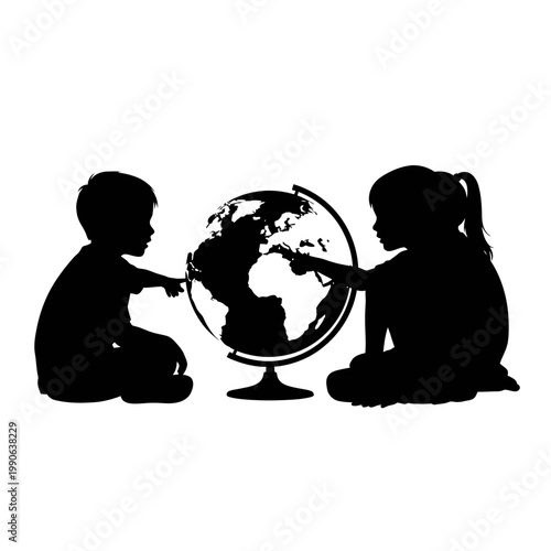 Two children looking at globe together.
