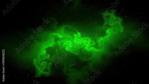 A vibrant green cloud of smoke swirls ominously in darkness.