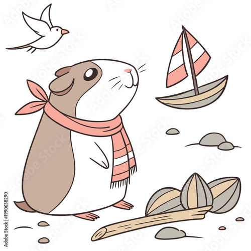 Cute Gentle Guinea pig, accessorized with with a scarf, in a Beach day world – Ocean Breeze palette vector