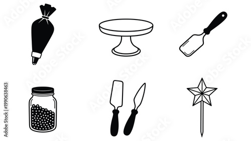 Vector Icons: Baking & Cake Decorating Tools. Piping Bag, Cake Stand, Spatulas, Sprinkles, Magic Wand. Confectionery Supplies.