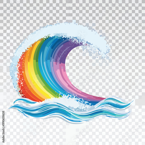 Colorful wave illustration with rainbow hues and white water on transparent background