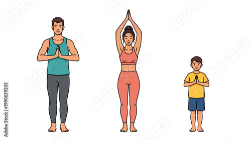 Family Yoga Session: Man, Woman, and Child Practicing Wellness Poses. Healthy Lifestyle and Mindfulness Illustration.