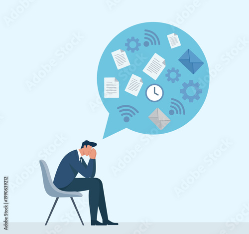 Flat vector illustration of a stressed businessman overwhelmed by information overload, emails, deadlines, and digital communication tasks, Information Overload and Burnout