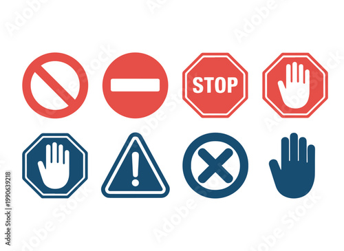 A collection of red and blue stop and warning sign icons for prohibition and caution alerts