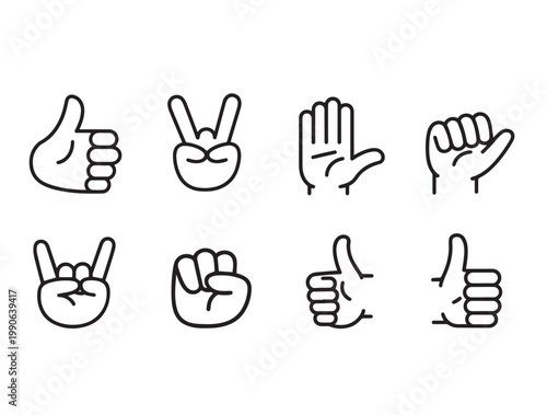 A collection of various hand gestures and signals like thumbs up, peace sign, and a fist