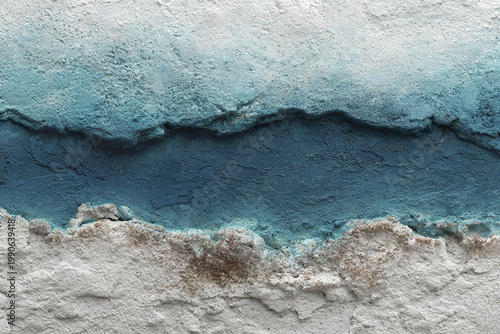 Textured wall with peeling paint in shades of blue and white creates abstract, weathered background with rough, cracked surface and natural decay details