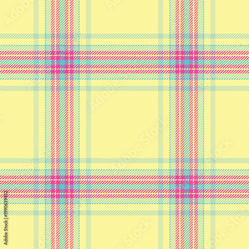 Lemon plaid tartan pattern, cozy seamless fabric check. Comfortable vector texture textile background in yellow and pink colors.