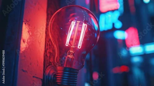 Glowing Red Neon Light Bulb