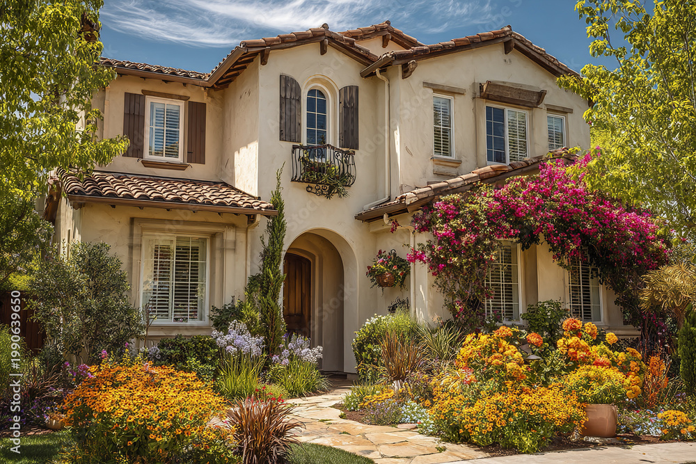 Fototapeta premium Two story home with vibrant landscaping and colorful flowers in peak summer daylight under partly cloudy sky, featuring Mediterranean style architecture and lush greenery