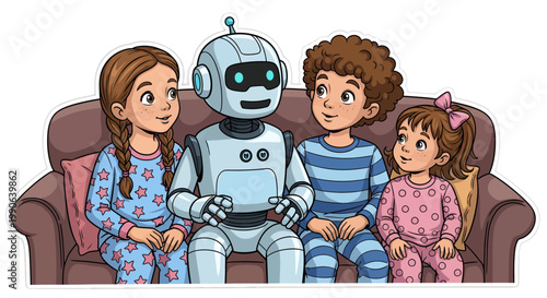 Robot sitting with children on couch