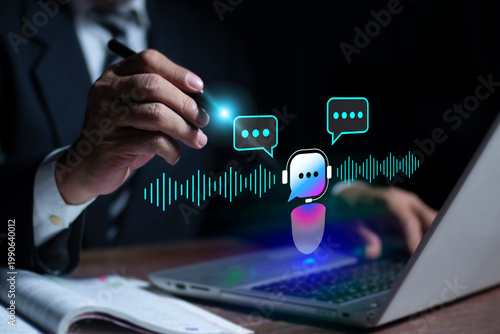 Chatbot Ai Artificial Intelligence technology concept. Person using a laptop to interact with a friendly AI chatbot, and digital chatbot are assistant conversation